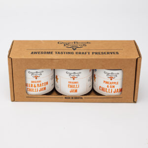 Chilli Jam Gift Box with Beer & Bacon Chilli Jam, Original Chilli Jam and Pineapple & Gin Chilli Jam.